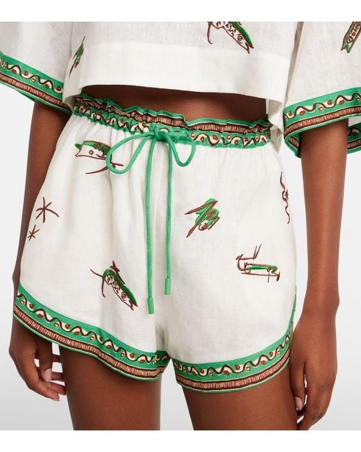 ALÉMAIS Green Wanda Embroidered Linen Shorts