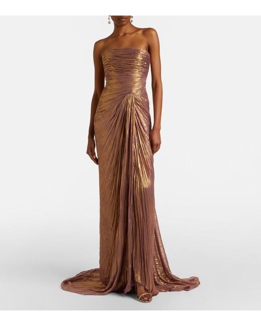 Marmar Halim Brown Caped Pleated Bustier Gown