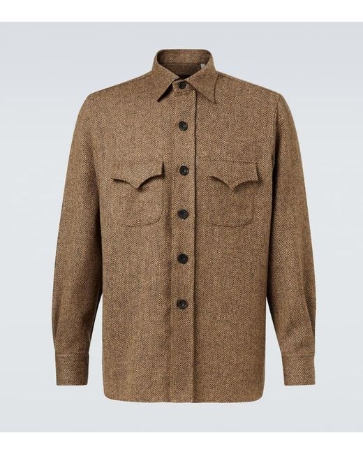 Rubinacci Brown Herringbone Wool Western Shirt for men