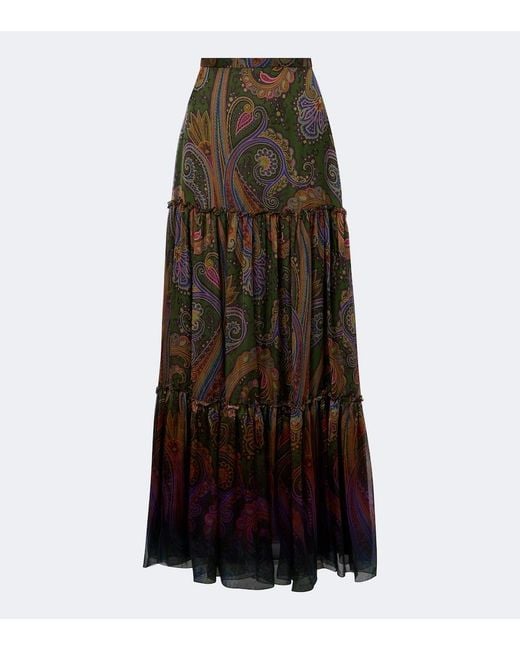 Etro Brown Paisley Silk Tiered Maxi Skirt
