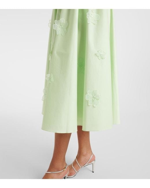 Self-Portrait Green Floral-Applique Cotton Poplin Midi Dress