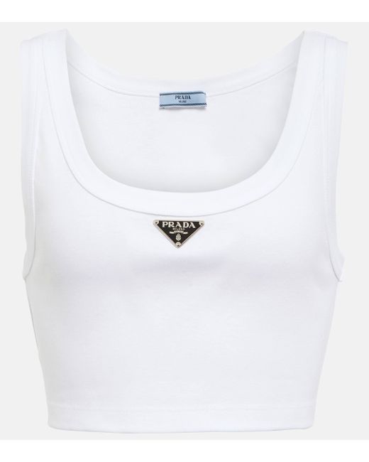 Prada White Logo-plaque Cropped Cotton-jersey Tank Top