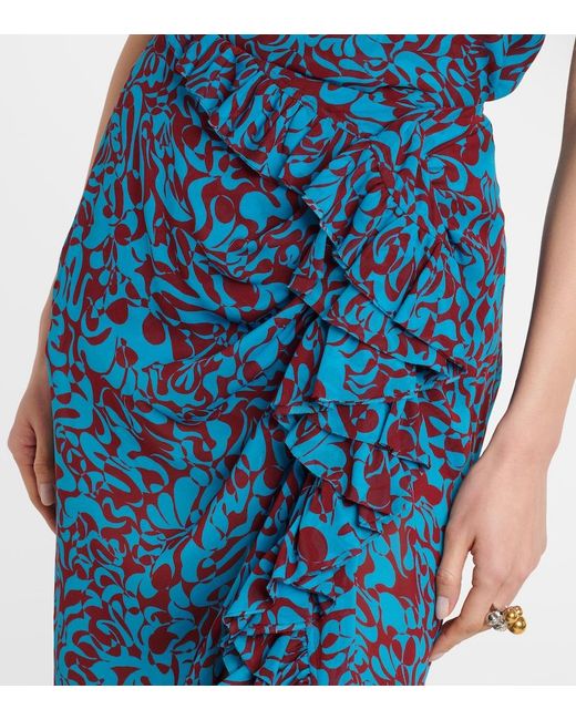 Dries Van Noten Blue Printed Draped Ruffled Midi Skirt
