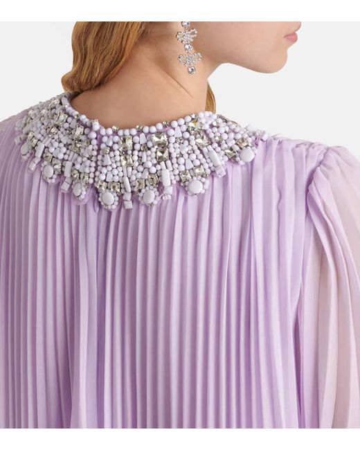 Self-Portrait Purple Feather-Trimmed Plisse Chiffon Midi Dress