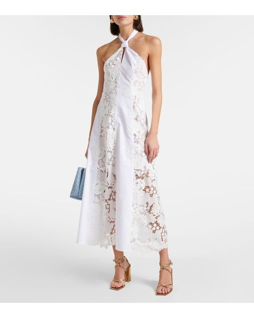 Oscar de la Renta White Halterneck Cotton Lace Midi Dress