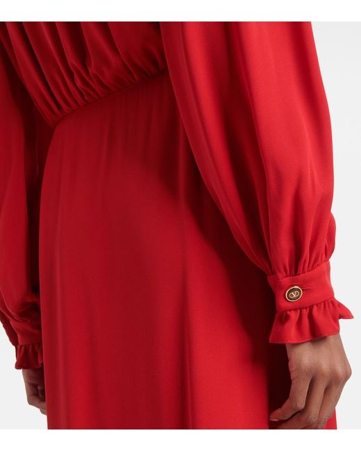 Valentino Red Ruffled Silk Georgette Midi Dress