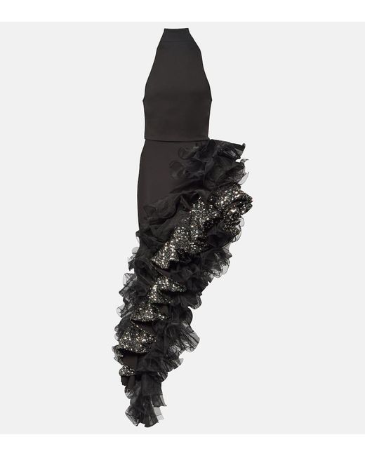 ROTATE BIRGER CHRISTENSEN Black Halterneck Sequined Ruffled Gown