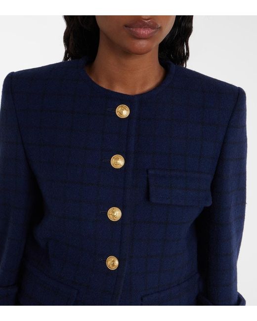 Chloé Blue Checked Cropped Wool-Blend Jacket