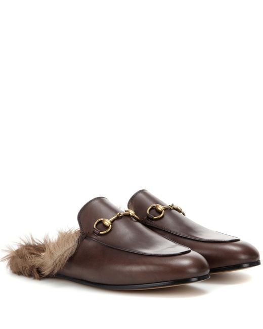 Gucci Princetown Fur-lined Leather Slippers in Brown | Lyst