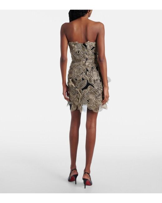Oscar de la Renta Black Floral-Applique Tulle Minidress