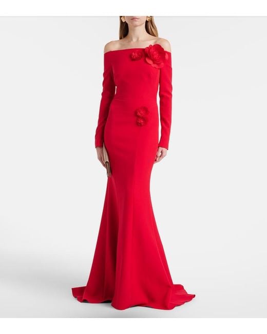 Safiyaa Red Rory Floral-Applique Crepe Gown