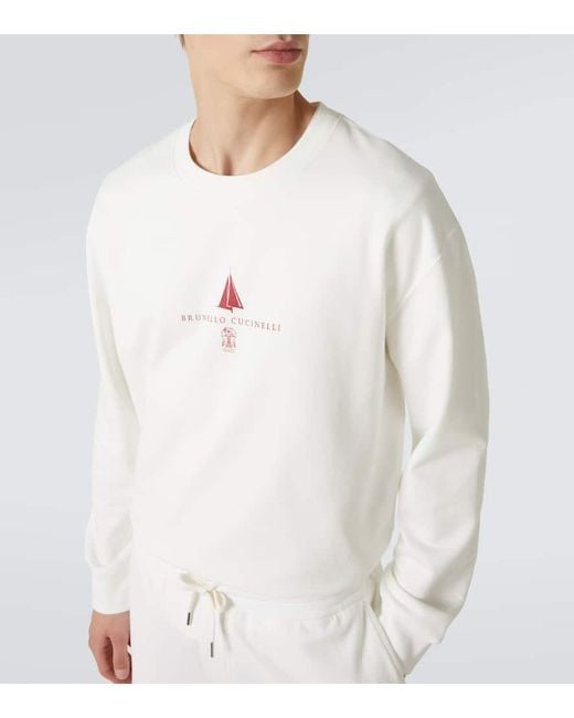 Sudadera En Mezcla De Algodon Con Logo Brunello Cucinelli de hombre de color White