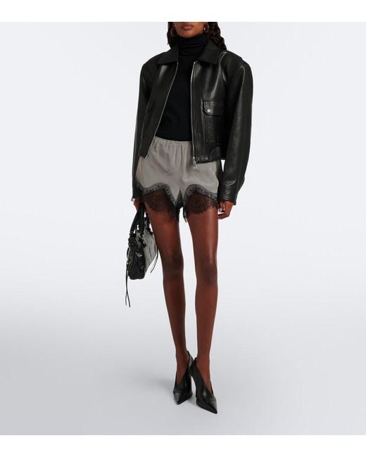 Frankie Shop Gray Dalia Checked Lace-Trimmed Satin Shorts