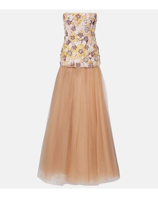 Costarellos Natural Crystal-Embellished Embroidered Tulle Gown