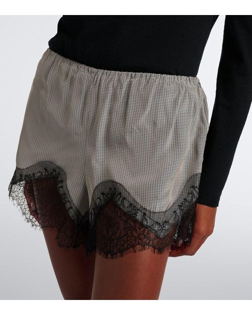 Frankie Shop Gray Dalia Checked Lace-Trimmed Satin Shorts