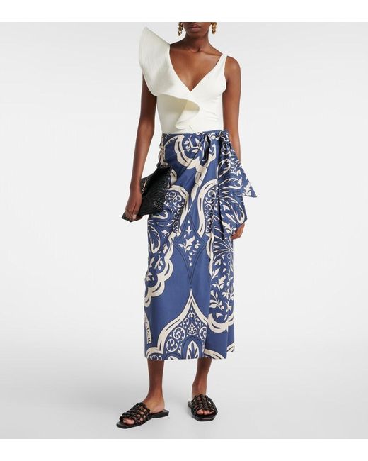 Johanna Ortiz Blue Printed Cotton Poplin Wrap Skirt