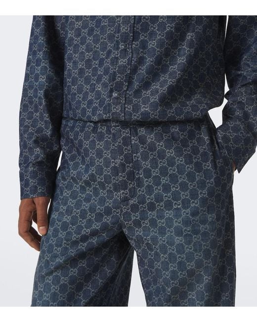 Gucci Blue Gg Cotton Chambray Jacquard Wide-Leg Pants for men