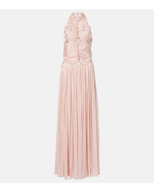 Costarellos Pink Ruched Halterneck Georgette Gown