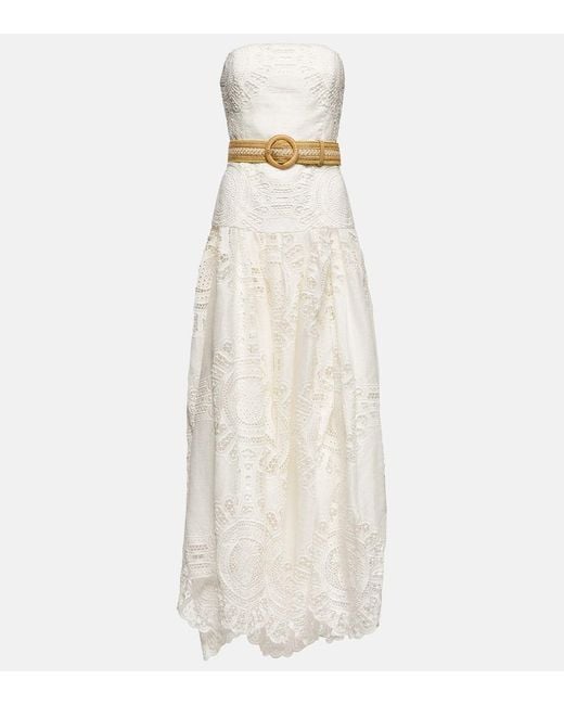 Zimmermann White Vacay Belted Linen Lace Midi Dress