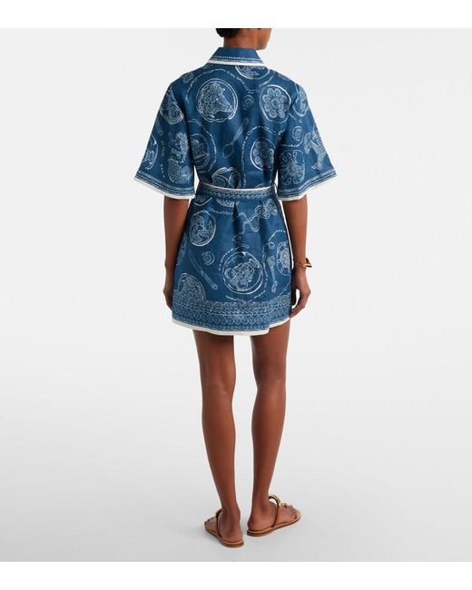 ALÉMAIS Blue Lucky Belted Printed Linen Shirt Dress