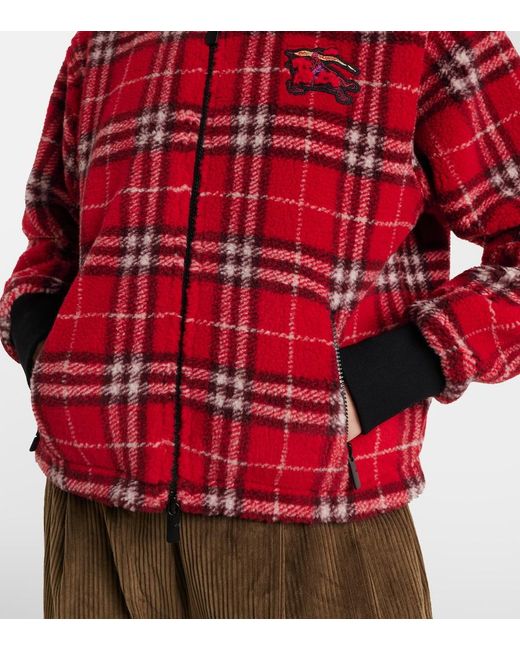 Burberry Red Cropped Check Fleece Hooded Jacket