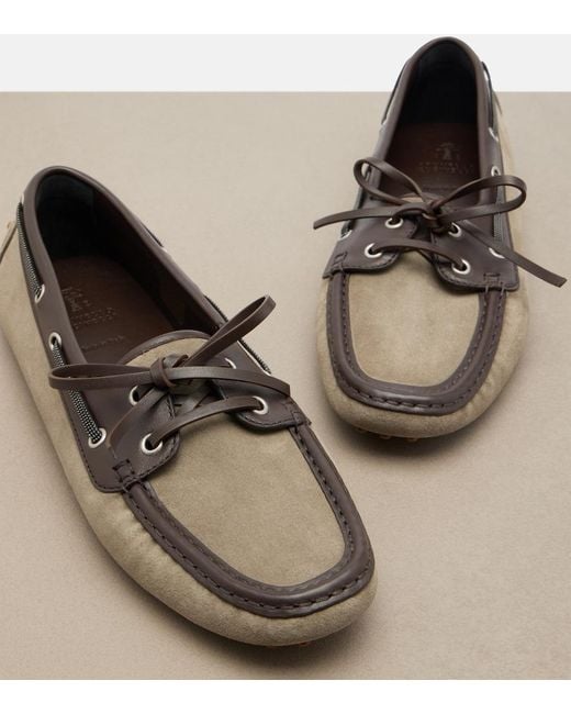 Brunello Cucinelli Brown Monili Leather-Trimmed Suede Boat Shoes