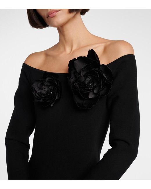 Oscar de la Renta Black Floral-Applique Off-Shoulder Minidress