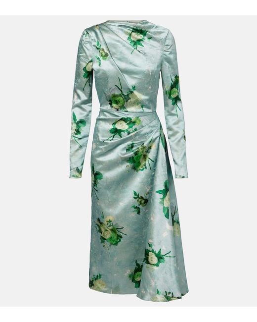 Erdem Green Draped Floral Satin Midi Dress