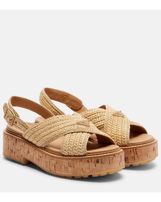 Prada Brown Crochet Raffia-Effect Slingback Sandals