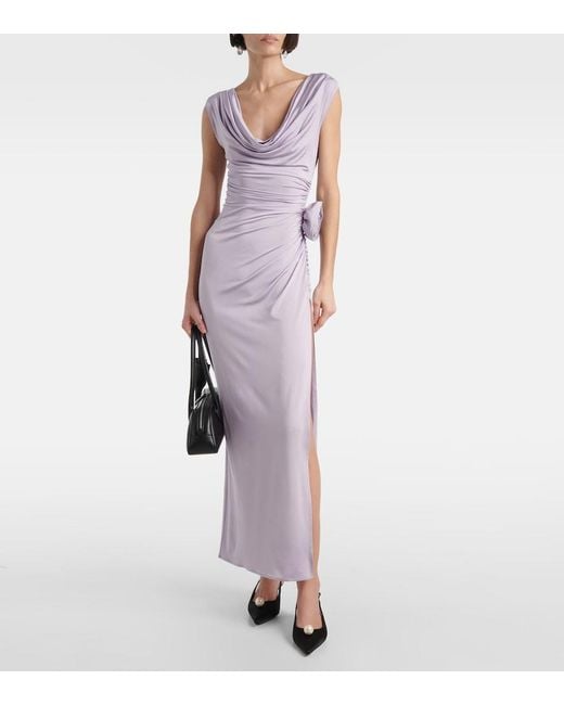 Magda Butrym Purple Draped Floral-Applique Jersey Maxi Dress