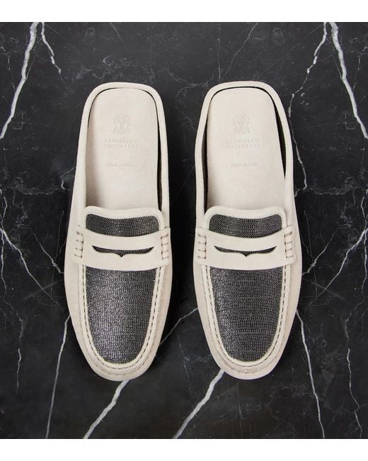 Brunello Cucinelli White Monili Suede Driving Mules
