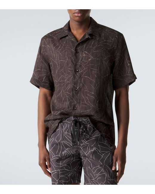 Brioni Black Printed Linen Bowling Shirt for men
