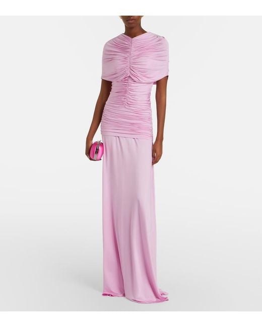 Self-Portrait Pink Caped Ruched Jersey Maxi Dress