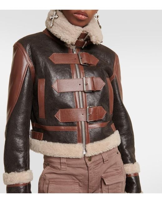 Blumarine Brown Shearling-Trimmed Leather Jacket