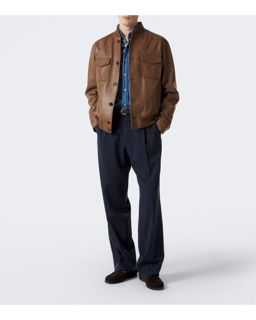 Slowear Brown Leather Bomber Jacket for men