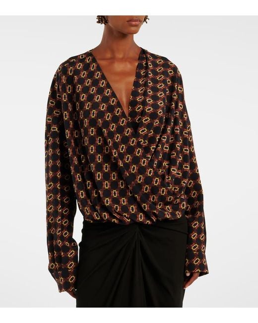 Dries Van Noten Black Draped Printed Silk Top