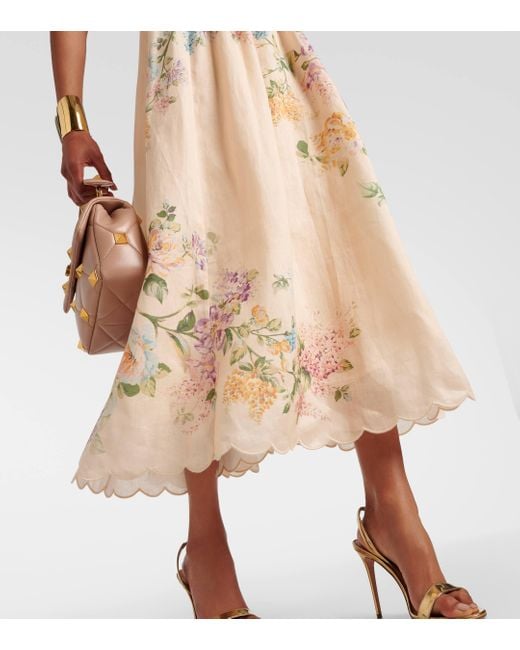 Zimmermann Natural Halliday Scalloped Floral Linen Midi Dress