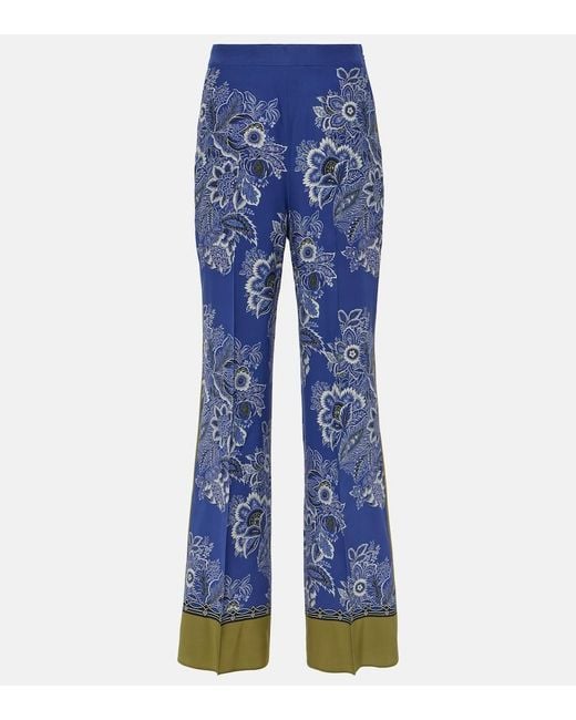 Etro Blue Paisley High-Rise Silk Wide-Leg Pants