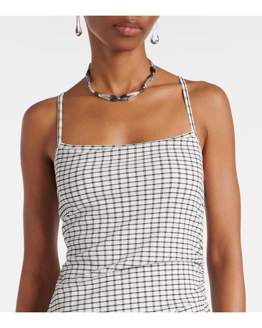Vince White Checked Ruched Midi Dress