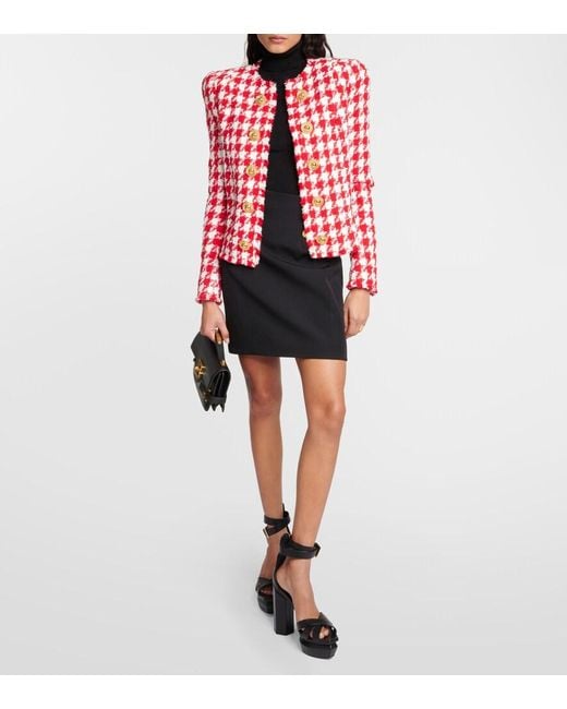 Balmain Red Houndstooth Tweed Jacket