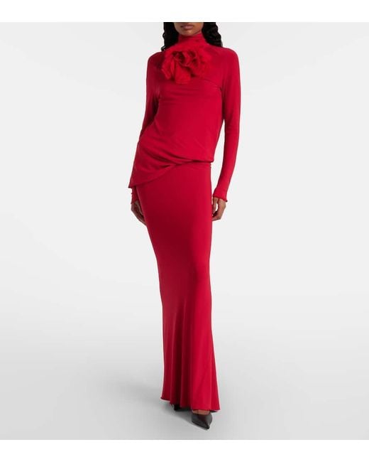 Magda Butrym Red Floral-Applique Draped Jersey Gown