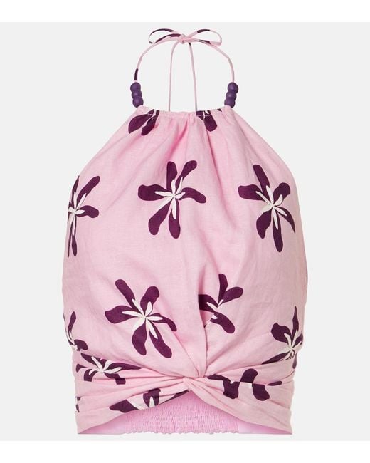 Cala De La Cruz Pink Lodi Floral Halterneck Linen Crop Top