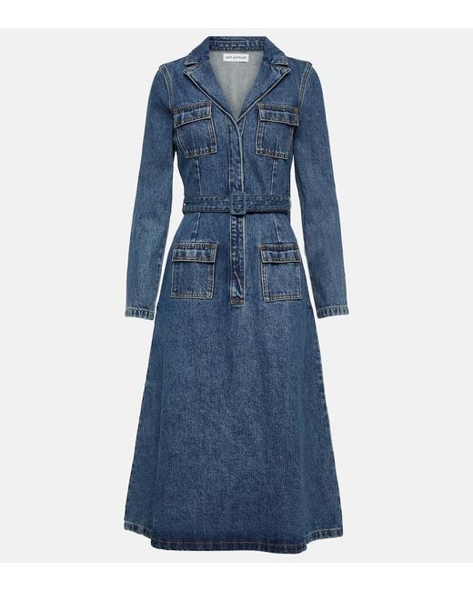 Vestido Midi De Denim Con Cinturon Self-Portrait de color Blue