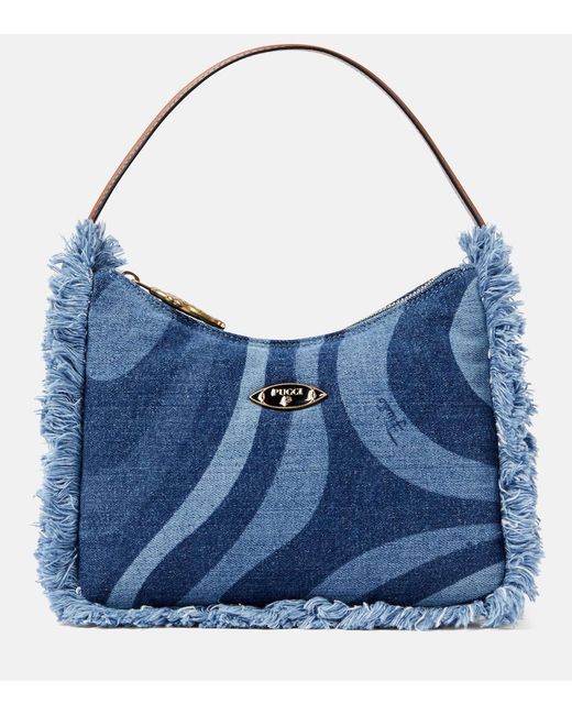 Emilio Pucci Blue Marmo Fringed Denim Shoulder Bag