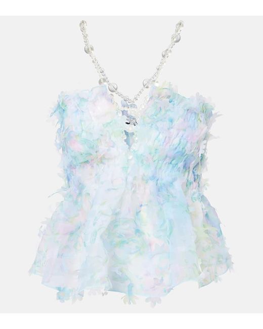SUSAN FANG Blue Floral-Applique Smocked Tulle Top