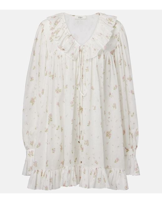 Chloé White Printed Ruffled Cotton Minidress