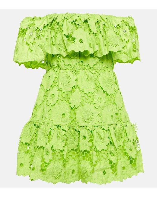 Self-Portrait Green Off-Shoulder Cotton Lace Minidress