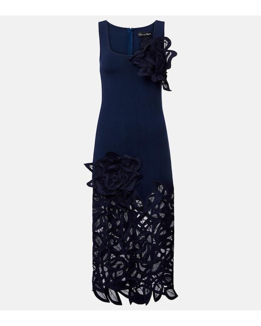Oscar de la Renta Blue Floral-Applique Lace Midi Dress