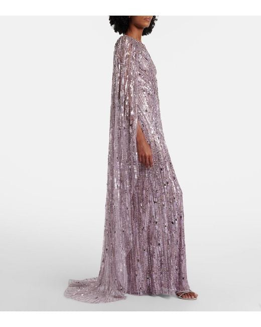 Jenny Packham Purple Elio Embellished Caped Gown