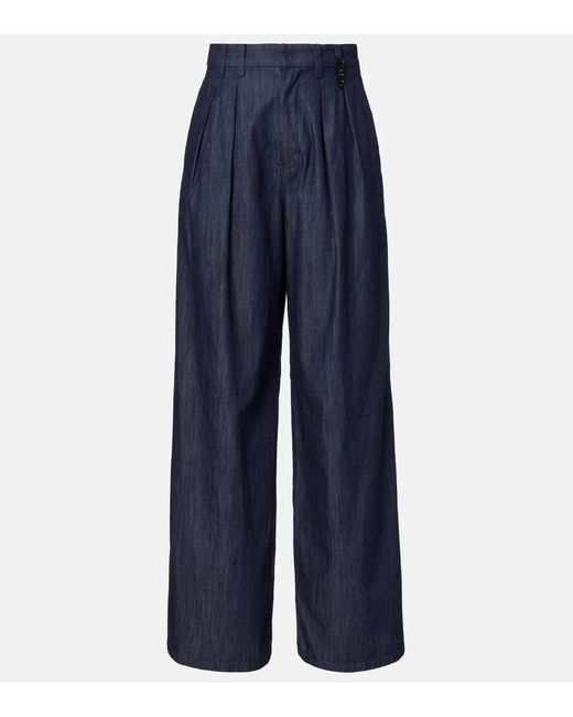 Max Mara Blue Jerry Embellished Chambray Wide-Leg Pants
